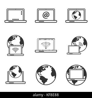 Le icone di internet, laptop e terra icona a forma di globo, flat internet raccolta di icone per il web e i dispositivi mobili elemento. vettore illustrazione iconic. Illustrazione Vettoriale