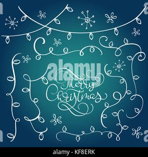 Set di fiorire vintage doodle ghirlande, decorazioni di Natale gli effetti delle luci. vettore di elementi di design. luci incandescenti per xmas holiday greeting card design. Buon Natale calligraphy lettering testo su sfondo blu Illustrazione Vettoriale