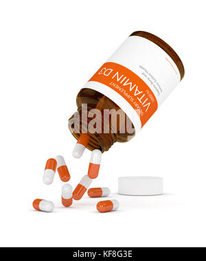 3D render di vitamina D3 pillole in bottiglia su sfondo bianco Foto Stock