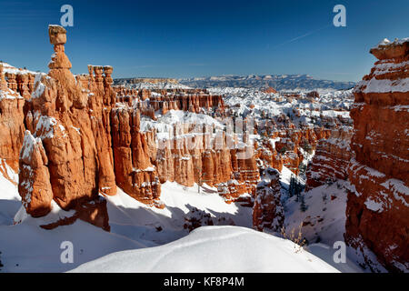 Stati Uniti d'America, Utah, Bryce Canyon city, il parco nazionale di Bryce Canyon, coperta di neve hoodoos lungo il navajo loop trail, una formazione denominata thors hammer Foto Stock