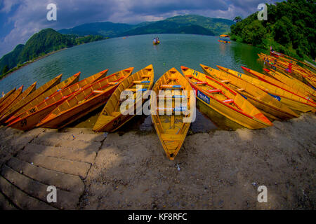 Pokhara, nepal - Novembre 04, 2017: chiusura del legno barche giallo in una fila al lago Begnas in pokhara, Nepal, effetto fish-eye Foto Stock