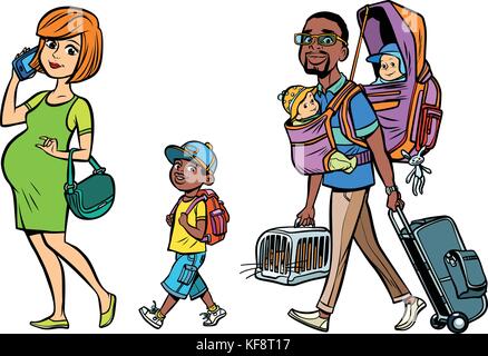 Multi etnico viaggiatori di famiglia, mamma, papà e bambini Illustrazione Vettoriale