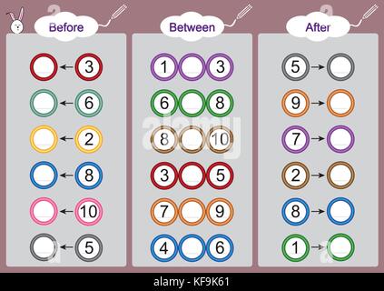 Che cosa viene prima-tra e dopo, fogli di lavoro per la matematica per i bambini Illustrazione Vettoriale