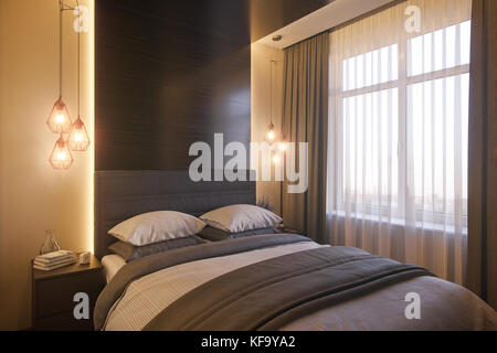 Illustrazione 3d di un design interno di una camera da letto in uno stile scandinavo moderno. Rendi interni per il catalogo con mobili veri e propri. Foto Stock