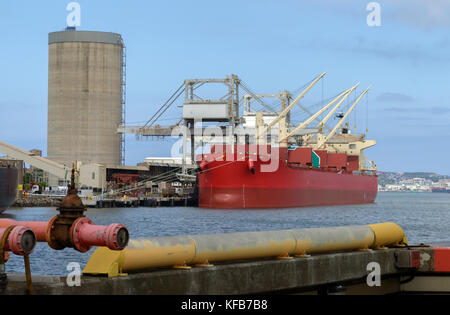 Una grande nave rossa al dockside granella di carico per l'esportazione a Newcastle, Nuovo Galles del Sud, Australia. Foto Stock