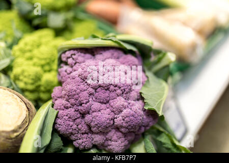 Close up mature e vibrante viola i cavolfiori nella parte anteriore del green romanesco di verdure e svedesi e su un mercato in stallo nello Yorkshire, Regno Unito Foto Stock