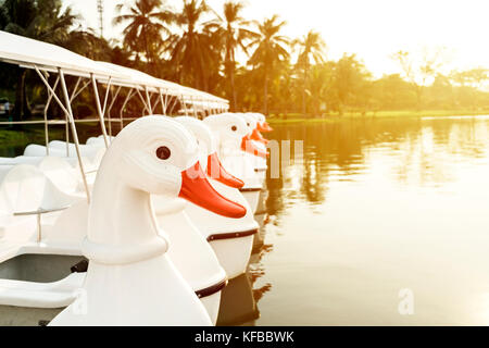 Bianco barche d'anatra parcheggiato a waterfront al mattino. Foto Stock