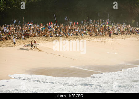 Stati Uniti d'America, Hawaii, folla orologi ramon navarro esegui Fino la spiaggia dopo la navigazione un enorme ondata, Waimea Bay oahu Foto Stock