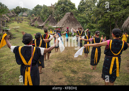 Indonesia, Flores, ngadha district, i residenti del villaggio belaraghi ballare e cantare per dare il benvenuto agli ospiti nel loro villaggio Foto Stock