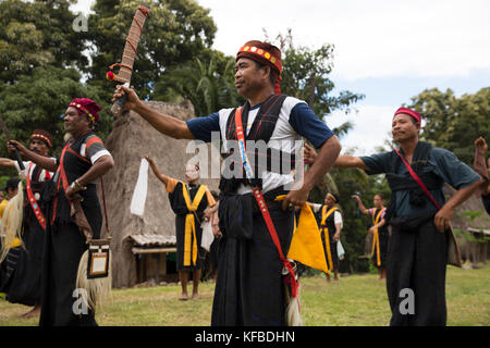 Indonesia, Flores, ngadha district, i residenti del villaggio belaraghi ballare e cantare per dare il benvenuto agli ospiti nel loro villaggio Foto Stock