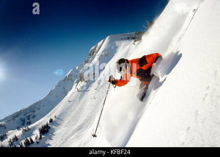 Stati Uniti d'America, Utah, giovane uomo sci Lee's tree, alta ski resort Foto Stock