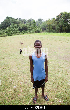 Giamaica, Ocho Rios. Ragazzo locale in un campo con le sue capre. Foto Stock