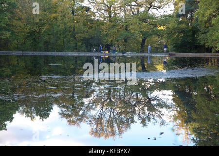 Keston, UK. 27 ottobre, 2017. Il cielo blu e Golden colori autunnali in Keston stagni, Kent. Persone ammirano le opinioni e riflessioni attraverso gli stagni.© Keith Larby/Alamy Live News Foto Stock