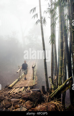 INDONESIA, Flores, Bernd Schwer sta per un ritratto su un bambù ponte pedonale sul modo di Wae Rebo Village Foto Stock