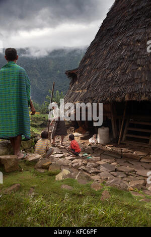 Indonesia, Flores, Maria nedi prepara il caffè mentre la sua famiglia orologi nel villaggio di montagna di wae rebo Foto Stock