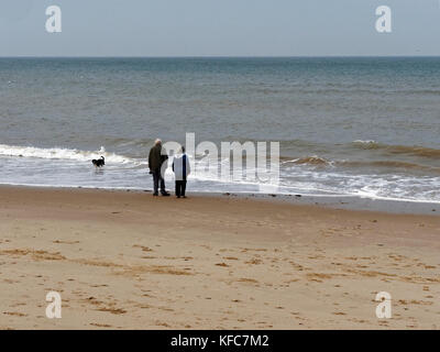 Coppia senior con un cane su di una spiaggia di sabbia in Norfolk guardare fuori attraverso un grigio mare del Nord. Foto Stock