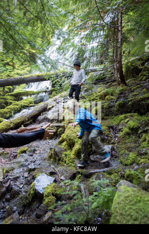 Stati Uniti d'America, Oregon, Oregon Cascades, ragazzi escursione e check out il proxy superiore cade nel wilamette foresta nazionale all' inizio dell' autunno, mckenzie pass Foto Stock