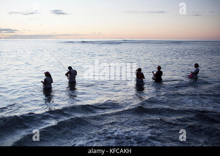 Polinesia francese, Tahiti. Spiaggia di sabbia nera di Tahiti. La gente del posto la pesca in acqua al tramonto. Foto Stock