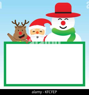 Buon Natale, tre compagni, carino di renne, paffuto santa claus, e paffuto pupazzo di neve è in piedi dietro un vuoto della scheda in bianco su sfondo blu Illustrazione Vettoriale