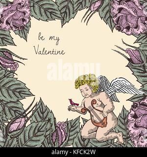 Scheda di san valentino con Cupido, bird e rose Illustrazione Vettoriale