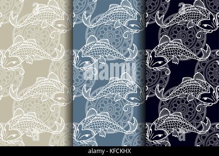 Set di vettore di seamless pattern con il giapponese di carpe koi - simbolo di fortuna, amore e indipendenza Illustrazione Vettoriale