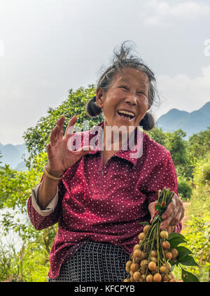 Stock photo - Donna vendita di frutti di Yangshuo, Cina presso il drago ponte che attraversa il fiume li Foto Stock