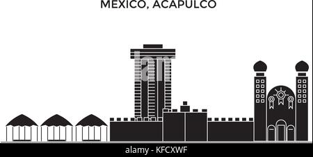 Messico, Acapulco architettura skyline urbano con i punti di riferimento cityscape, palazzi, case ,vettore paesaggio della città, corse modificabile Illustrazione Vettoriale