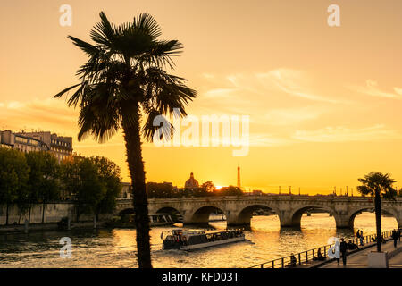 Tramonto su Parigi con un albero di palma in primo piano, persone che passeggiano sulla banchina del fiume Senna durante una escursione battello passa da 'Pont Neuf Foto Stock