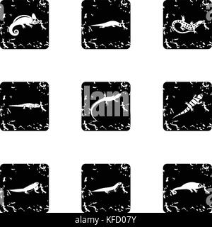 Tipi di iguana set di icone, stile grunge Illustrazione Vettoriale