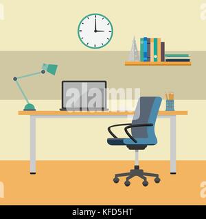 Home office scrivania, interior workplace. laptop sulla scrivania vicino a sedia, orologio, scaffale-vector design piatto illustrazione. Illustrazione Vettoriale
