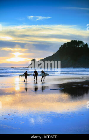 Stati Uniti d'America, oregon, Oswald west state park, surfisti a piedi lungo la spiaggia e fuori nell'acqua a oswald state park, appena a sud di Cannon Beach Foto Stock