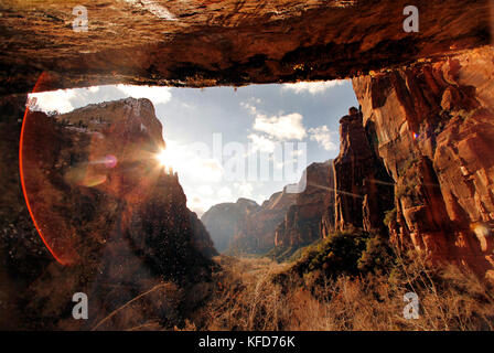 Stati Uniti d'America, Utah, springdale, parco nazionale Zion, vista del canyon Zion da sotto il pianto rock Foto Stock