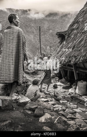 INDONESIA, Flores, Maria Nedi prepara il caffè mentre la sua famiglia orologi nel villaggio di montagna di Wae Rebo Foto Stock