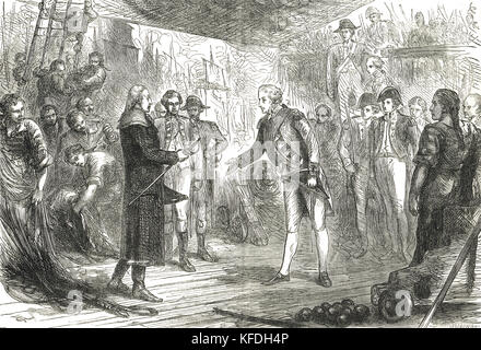 Jan Willem de Winter si arrende a bordo della HMS Venerable, Battaglia di Camperdown, 11 ottobre 1797 Foto Stock