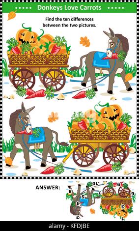 Visual puzzle: trovare le dieci differenze tra le due immagini speculari con asino e carro pieno di zucche e carote. risposta inclusa. Illustrazione Vettoriale
