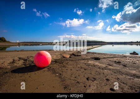 Bewl serbatoio acqua kent siccità di basso livello acqua litorale sfuggente presso il molo al kent su un soleggiato blue sky giorno con soffici nuvole e boa rosa Foto Stock