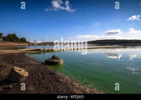 Bewl acqua, kent,siccità di ancoraggio del pneumatico sulla riva di un serbatoio con acqua sfuggente linea verde acqua in una giornata di sole con nuvole blu Foto Stock