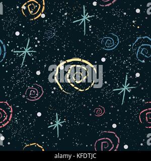 Modello di cute con spirali d'oro pastello con strisce blu su sfondo beige con piccoli puntini. disegnati a mano design. Ottimo per wall art design, carta regalo Illustrazione Vettoriale