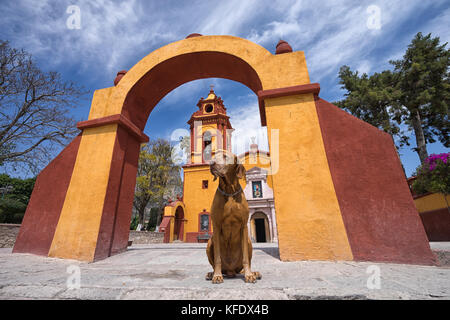 Febbraio 26, 2016 bernal, queretaro, Messico: obbediente cane turistica seduto sotto arco coloniale di fronte alla chiesa Foto Stock