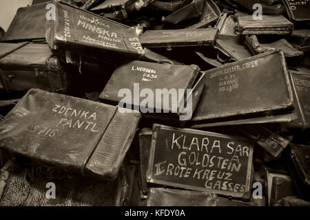 Oswiecim, Polonia - agosto 18: nomi scritti sulle valigie di Auschwitz, il più grande campo di concentramento nazista in Europa il 18 agosto 2015 a Oswiecim, polan Foto Stock