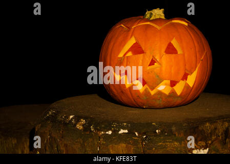 Spooky Zucca di Halloween con tagliare volto illuminato con una candela su un ceppo di albero in legno scuro. Foto Stock