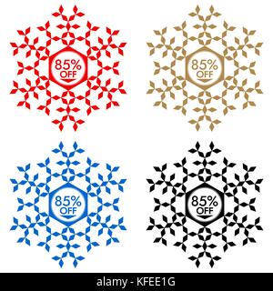 85% di sconto adesivo. il simbolo del fiocco di neve un banner o un adesivo con 85% di sconto in vendita in rosso, blu, oro e di colore nero. Inverno vendita e sconti di natale Illustrazione Vettoriale