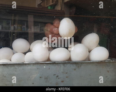 Pila di bianco uova di pollo giacciono dietro il vetro nella vetrina del negozio, un uovo è detenuto dal venditore. Foto Stock