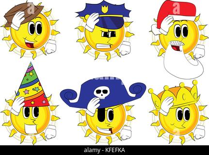 Cartoon sun mettendo mano sulla testa. faccia gesto palm. raccolta con costume. vettore di espressioni set. Illustrazione Vettoriale