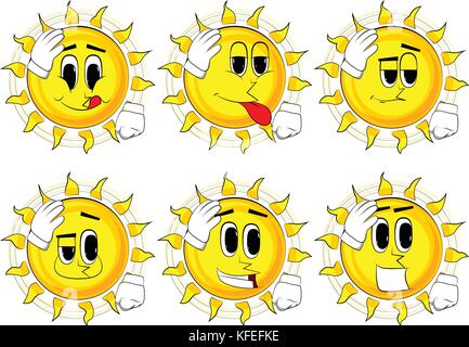 Cartoon sun mettendo mano sulla testa. faccia gesto palm. raccolta con volti felici. vettore di espressioni set. Illustrazione Vettoriale