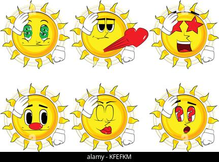Cartoon sun mettendo mano sulla testa. faccia gesto palm. raccolta con varie espressioni del viso. vettore set. Illustrazione Vettoriale