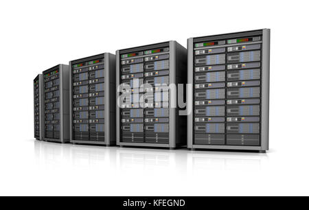 Fila di server di rete nel centro dati isolati su sfondo bianco . 3D illustrazione Foto Stock