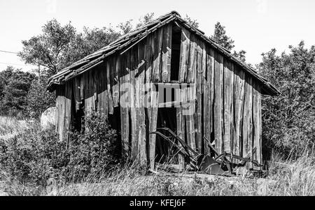 Girato in bianco e nero di un alterato e danneggiato annesso con un basamento in pietra, asse di legno alle pareti e tetto dello stagno. Foto Stock