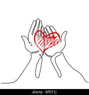 Mani tenendo un cuore. Rappresentazione in linea continua. Illustrazione Vettoriale Illustrazione Vettoriale