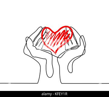 Mani tenendo un cuore. Rappresentazione in linea continua. Illustrazione Vettoriale Illustrazione Vettoriale